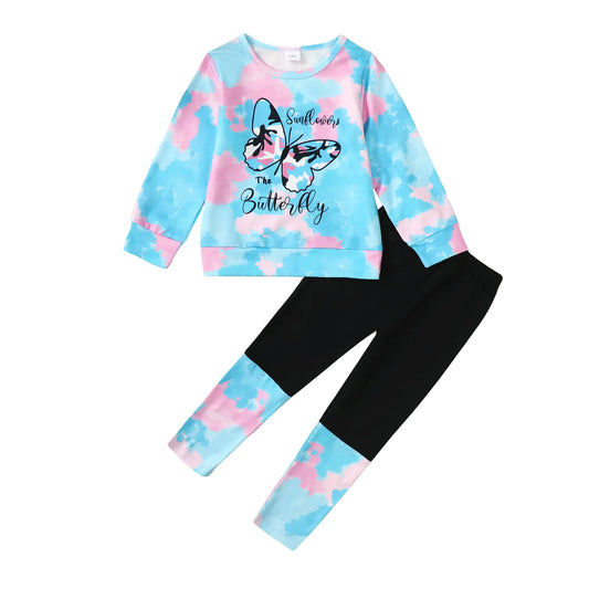 WWXGDS Girls Clothes Girls Clothes Size 6 Girls Clothes Size 7，Butterfly Pattern Girls Winter Clothes Blue Tie Dye Girls Sweatshirt And Spliced Girls Sweatpants